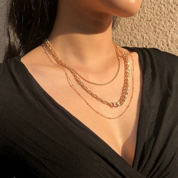 Beautiful  3 Layer Gold Curb Choker Necklace, Curb Chain Necklace - Picture 2 of 5